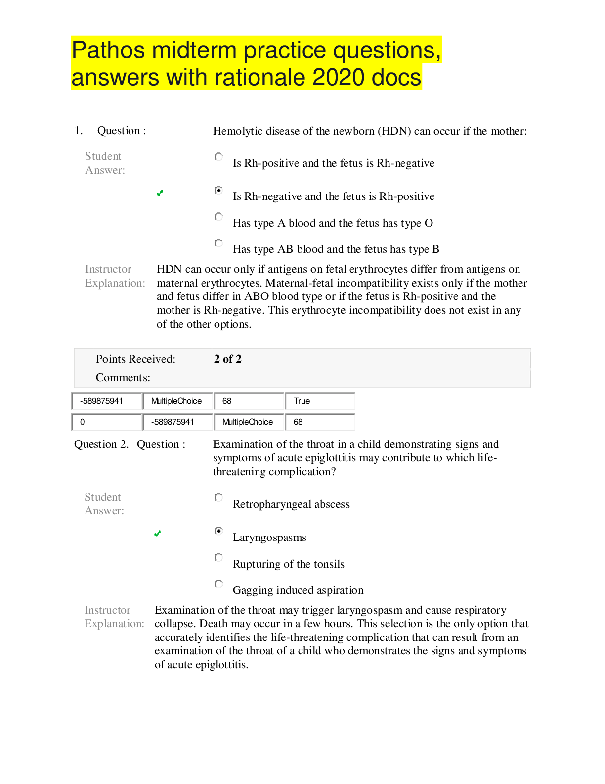 Preview image of Pathos midterm practice questions, answers with rationale 2020 docs document